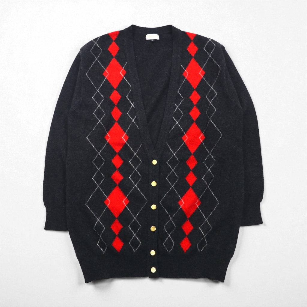 BURBERRYS 90s Made in Japan Old Argyle Knit Cardigan, Medium, Gray Wool, Gold Buttons, Oversized, Long Length