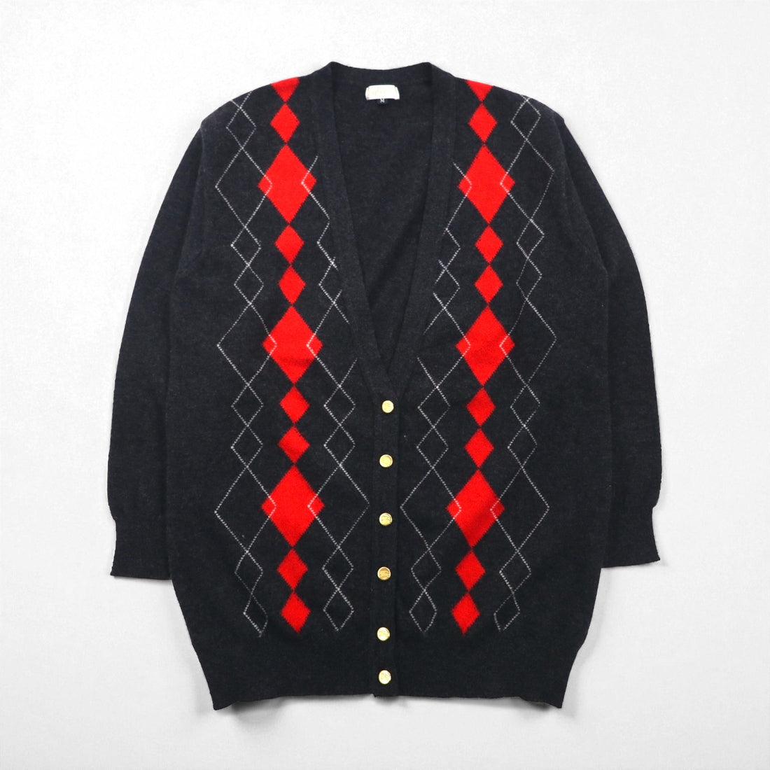 BURBERRYS 90s Made in Japan Old Argyle Knit Cardigan, Medium, Gray Wool, Gold Buttons, Oversized, Long Length