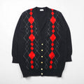 BURBERRYS 90s Made in Japan Old Argyle Knit Cardigan, Medium, Gray Wool, Gold Buttons, Oversized, Long Length