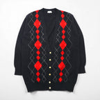BURBERRYS 90s Made in Japan Old Argyle Knit Cardigan, Medium, Gray Wool, Gold Buttons, Oversized, Long Length