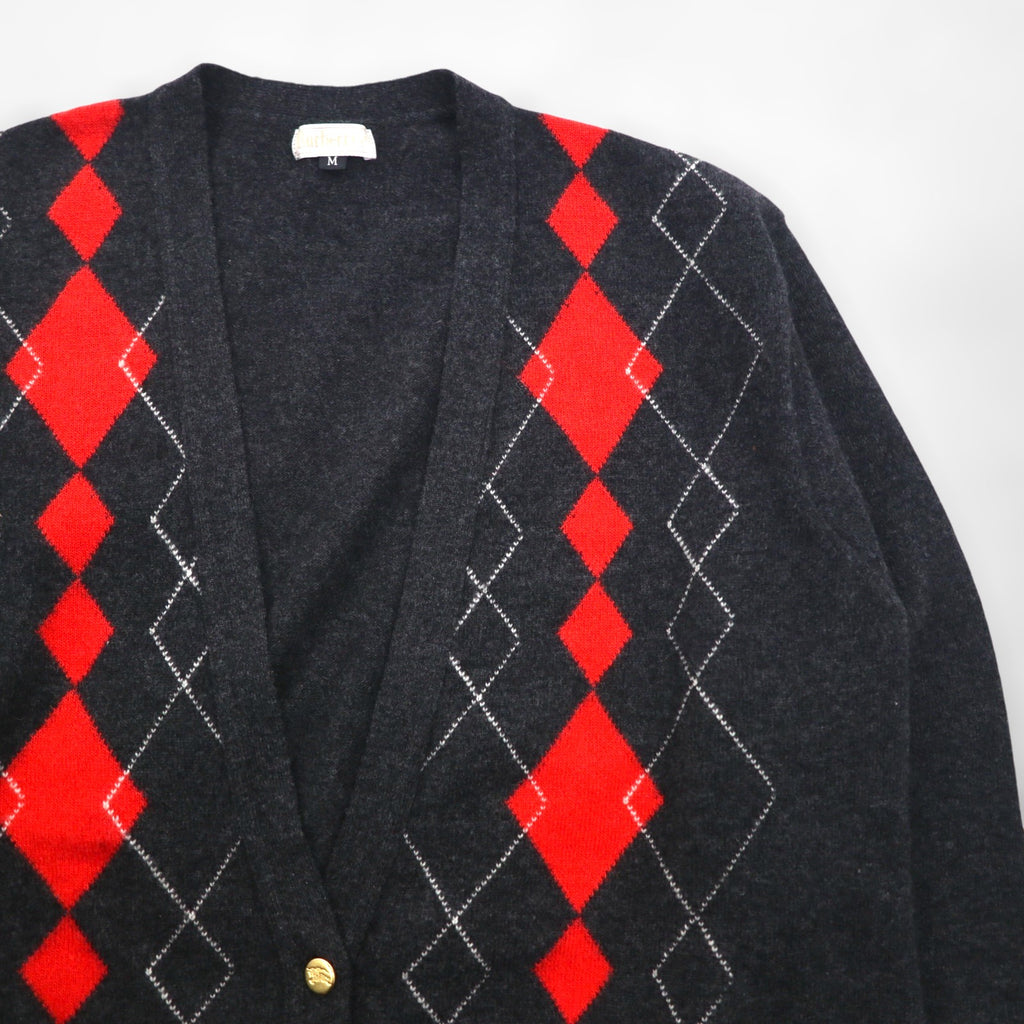 BURBERRYS 90s Made in Japan Old Argyle Knit Cardigan, Medium, Gray Wool, Gold Buttons, Oversized, Long Length