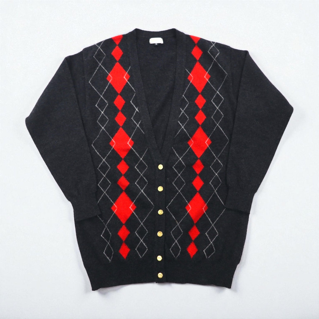 BURBERRYS 90s Made in Japan Old Argyle Knit Cardigan, Medium, Gray Wool, Gold Buttons, Oversized, Long Length