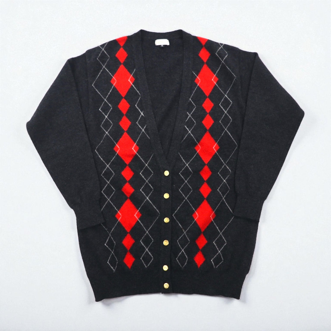 BURBERRYS 90s Made in Japan Old Argyle Knit Cardigan, Medium, Gray Wool, Gold Buttons, Oversized, Long Length