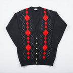 BURBERRYS 90s Made in Japan Old Argyle Knit Cardigan, Medium, Gray Wool, Gold Buttons, Oversized, Long Length
