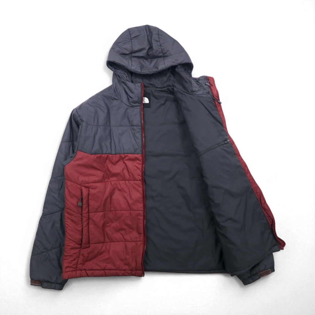THE NORTH FACE Primaloft Padded Hoodie Jacket, Size L, Gray/Bordeaux Two-Tone Nylon