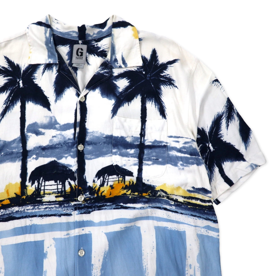 GUESS JEANS 90s Open Collar Aloha Shirt XL White Rayon All-over Print Beach