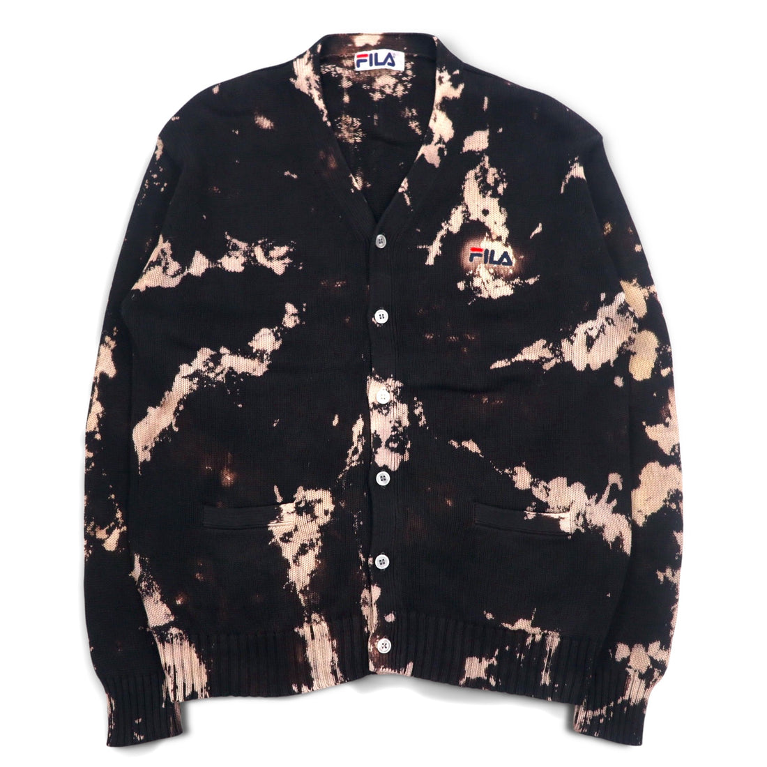 FILA 90s Tie-dye Cotton Knit Cardigan L Black Bleached One Point Logo Embroidery