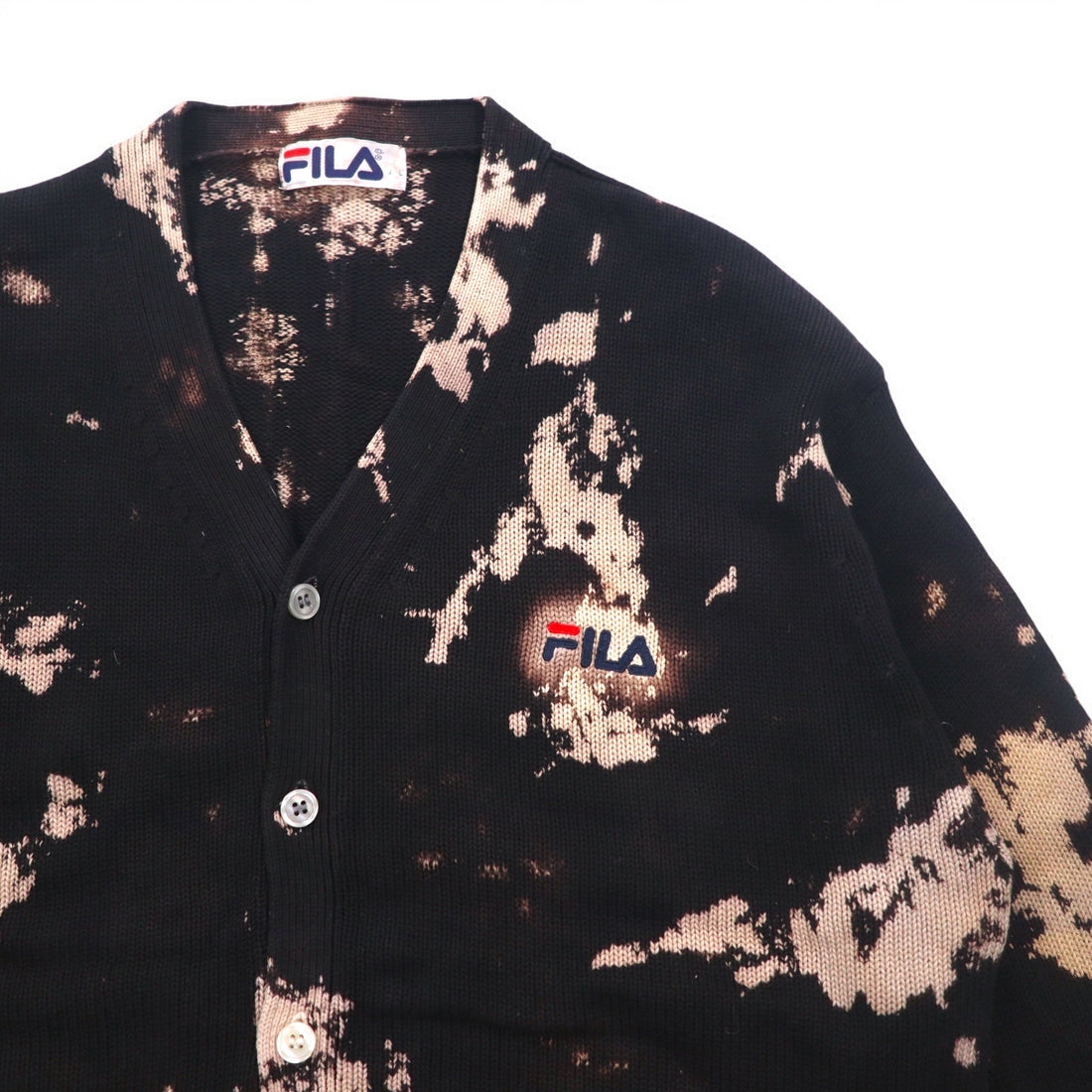FILA 90s Tie-dye Cotton Knit Cardigan L Black Bleached One Point Logo Embroidery