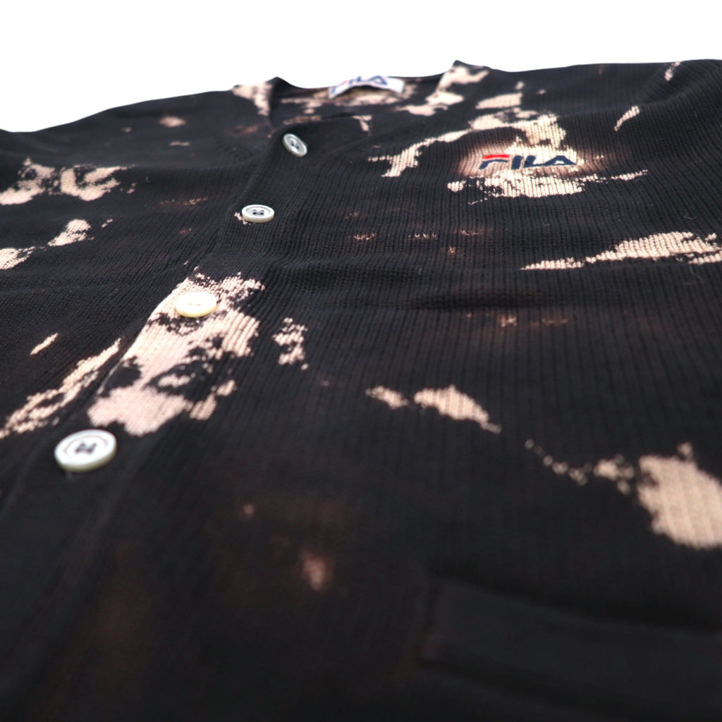 FILA 90s Tie-dye Cotton Knit Cardigan L Black Bleached One Point Logo Embroidery