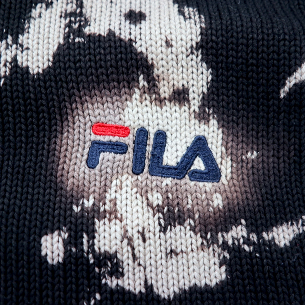 FILA 90s Tie-dye Cotton Knit Cardigan L Black Bleached One Point Logo Embroidery