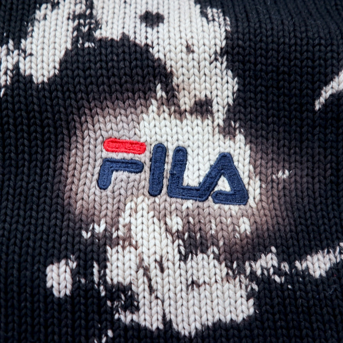 FILA 90s Tie-dye Cotton Knit Cardigan L Black Bleached One Point Logo Embroidery