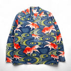 LALAKAI Long Sleeve Open Collar Aloha Shirt, Size XL, Navy, Silk, Japanese Goldfish Pattern, HL015NLN