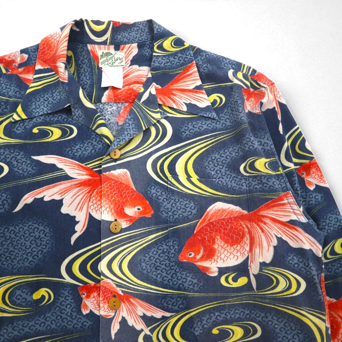 LALAKAI Long Sleeve Open Collar Aloha Shirt, Size XL, Navy, Silk, Japanese Goldfish Pattern, HL015NLN