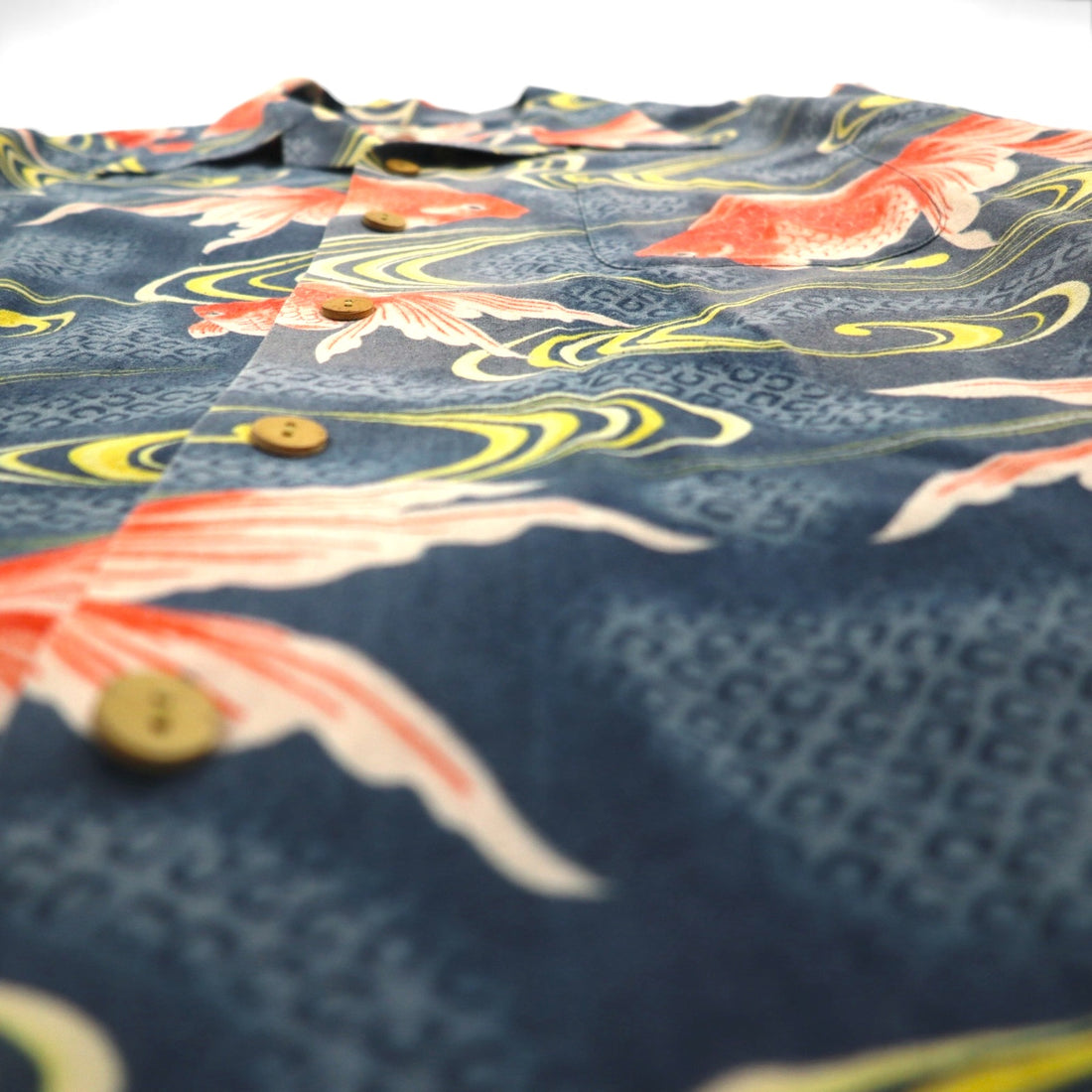 LALAKAI Long Sleeve Open Collar Aloha Shirt, Size XL, Navy, Silk, Japanese Goldfish Pattern, HL015NLN