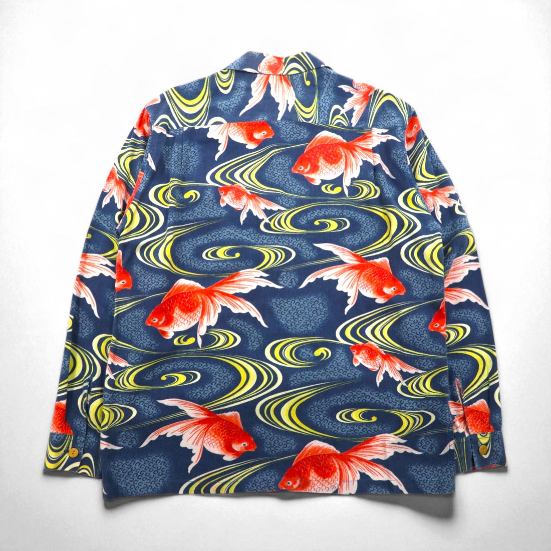 LALAKAI Long Sleeve Open Collar Aloha Shirt, Size XL, Navy, Silk, Japanese Goldfish Pattern, HL015NLN