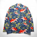 LALAKAI Long Sleeve Open Collar Aloha Shirt, Size XL, Navy, Silk, Japanese Goldfish Pattern, HL015NLN