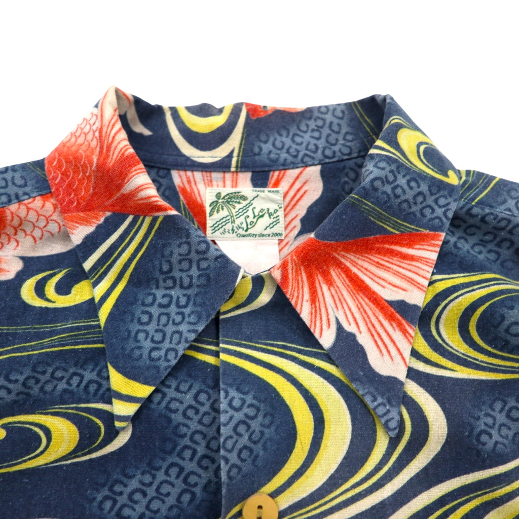 LALAKAI Long Sleeve Open Collar Aloha Shirt, Size XL, Navy, Silk, Japanese Goldfish Pattern, HL015NLN