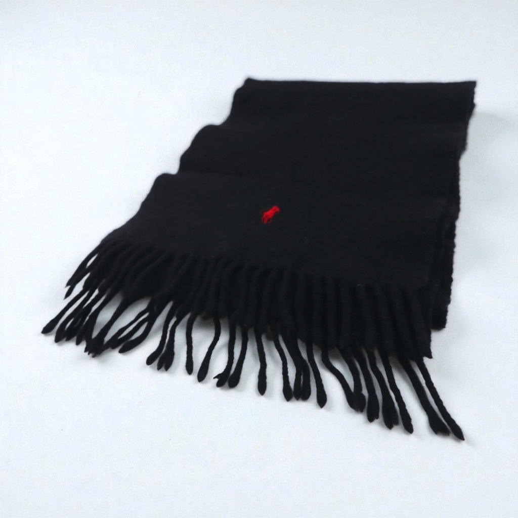 Polo Ralph Lauren 90s Lambswool Fringe Scarf with Small Pony Embroidery, Made in Scotland