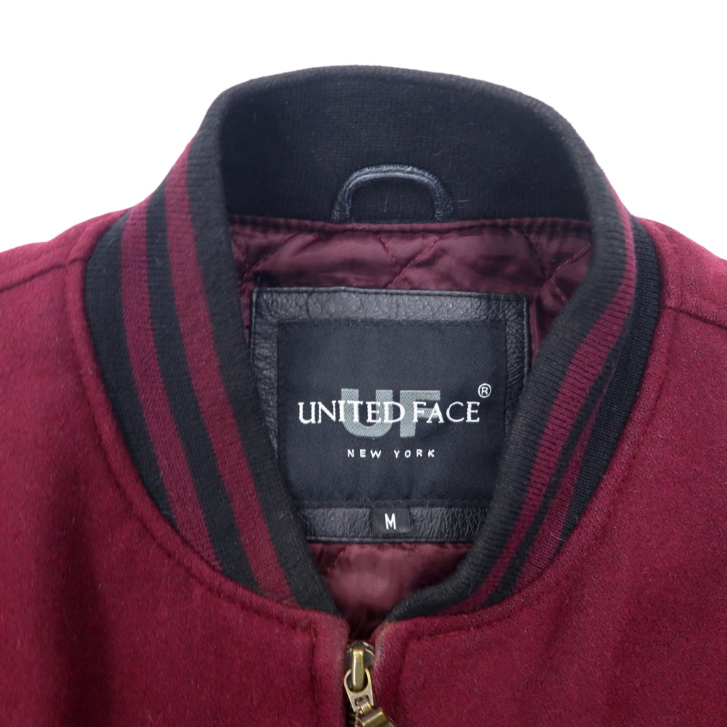 90s UNITED FACE Leather Sleeve Rib Line Stadium Jacket M Bordeaux Black Wool Leather