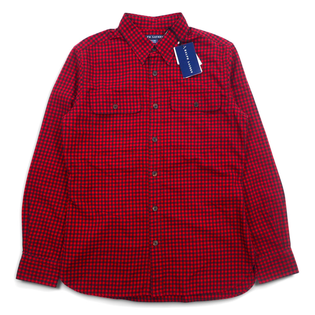 RALPH LAUREN Flannel Shirt XL Red Check Leather Elbow Patch Flap Pocket Unused