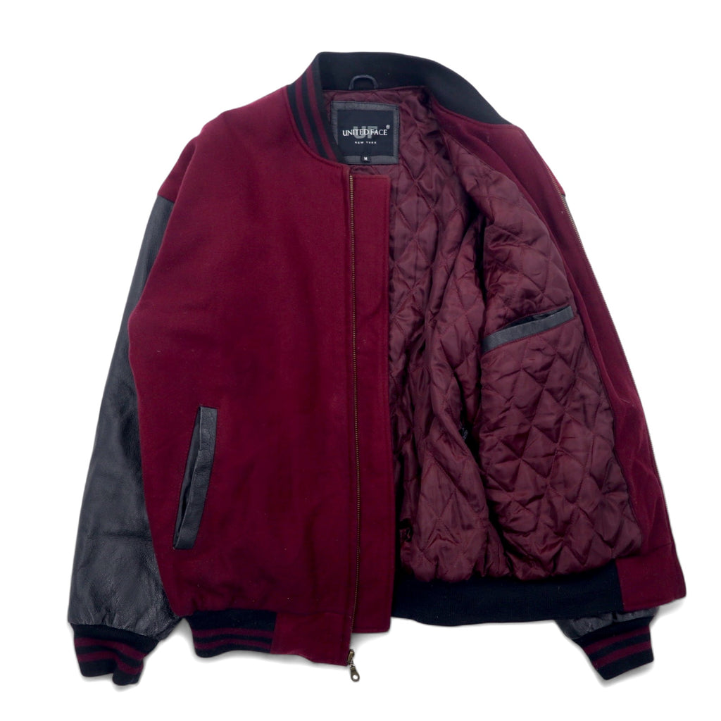 90s UNITED FACE Leather Sleeve Rib Line Stadium Jacket M Bordeaux Black Wool Leather