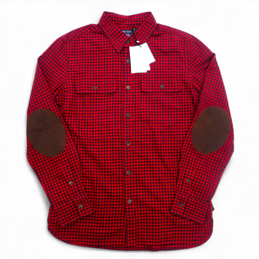 RALPH LAUREN Flannel Shirt XL Red Check Leather Elbow Patch Flap Pocket Unused