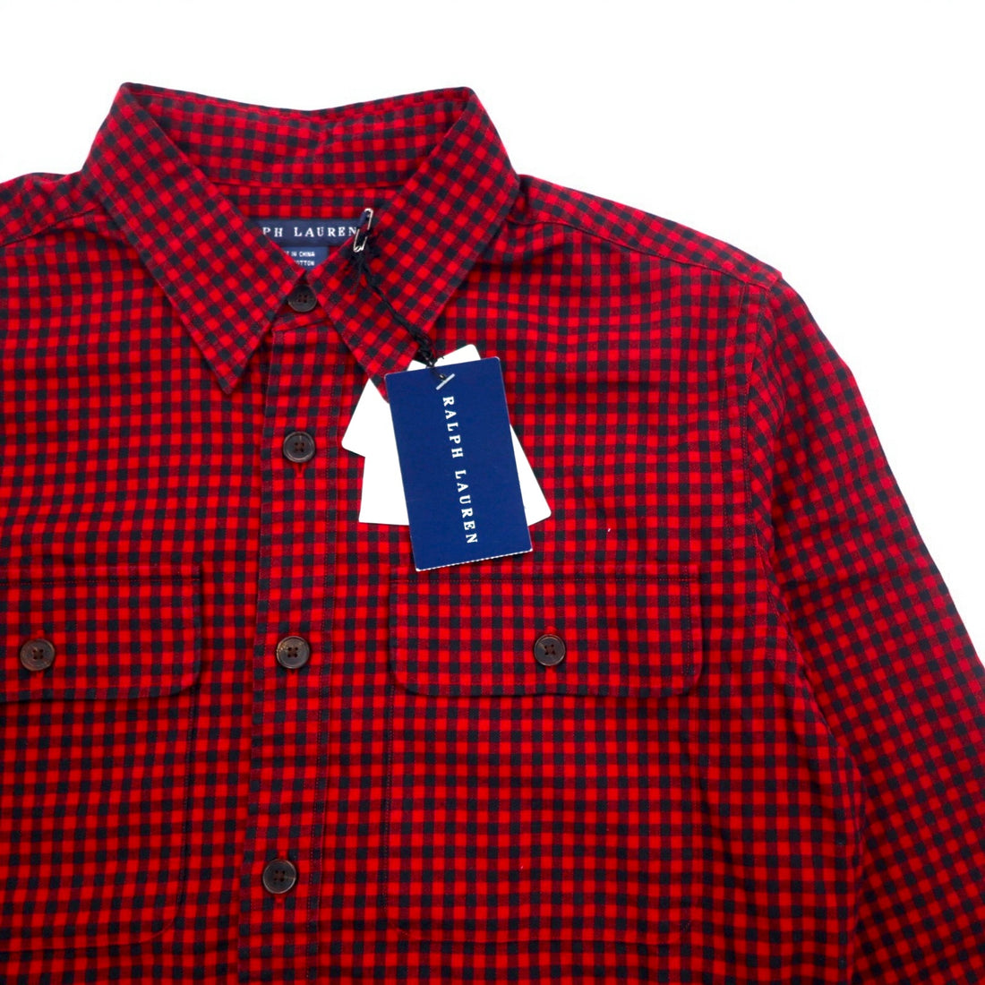 RALPH LAUREN Flannel Shirt XL Red Check Leather Elbow Patch Flap Pocket Unused