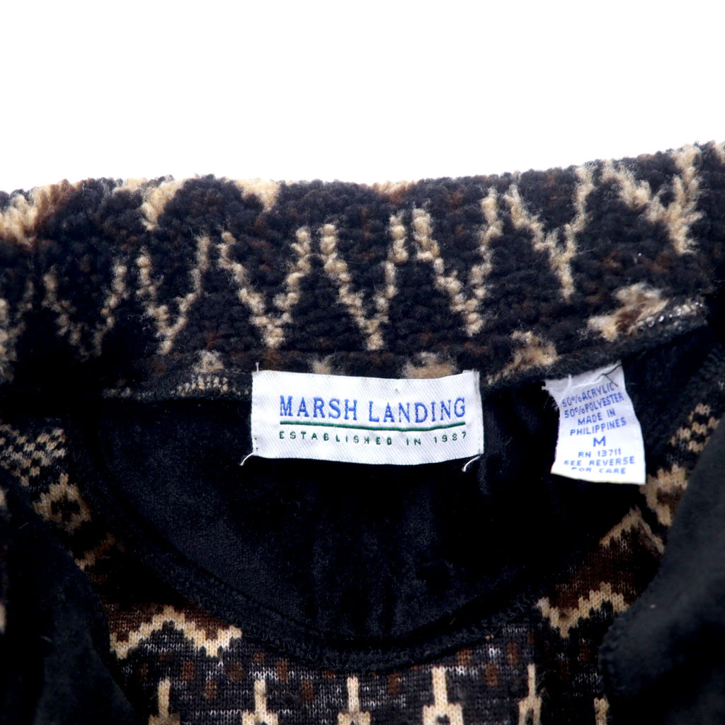 90s MARSH LANDING Boa Fleece Jacket M Brown All-over Nordic Pattern Acrylic Drawstring