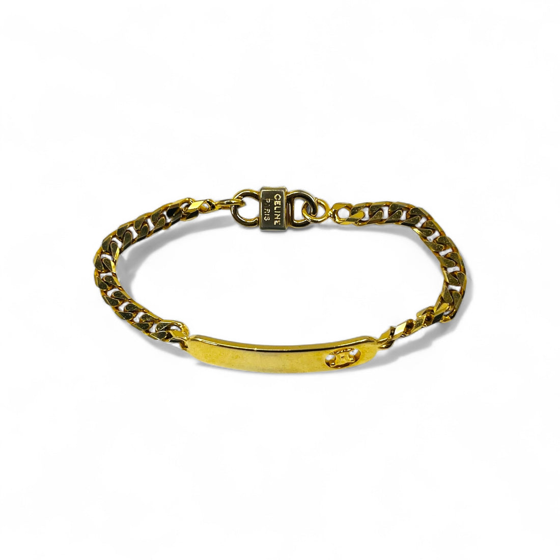 CELINE Vintage Kihei Chain Bracelet Gold Triomphe ID Plate Made in Italy