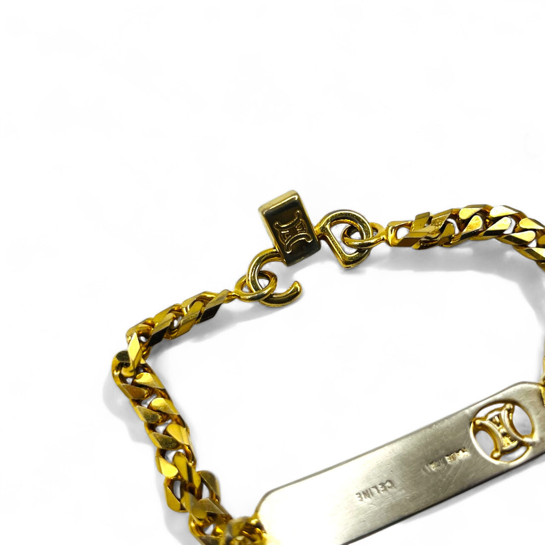 CELINE Vintage Kihei Chain Bracelet Gold Triomphe ID Plate Made in Italy