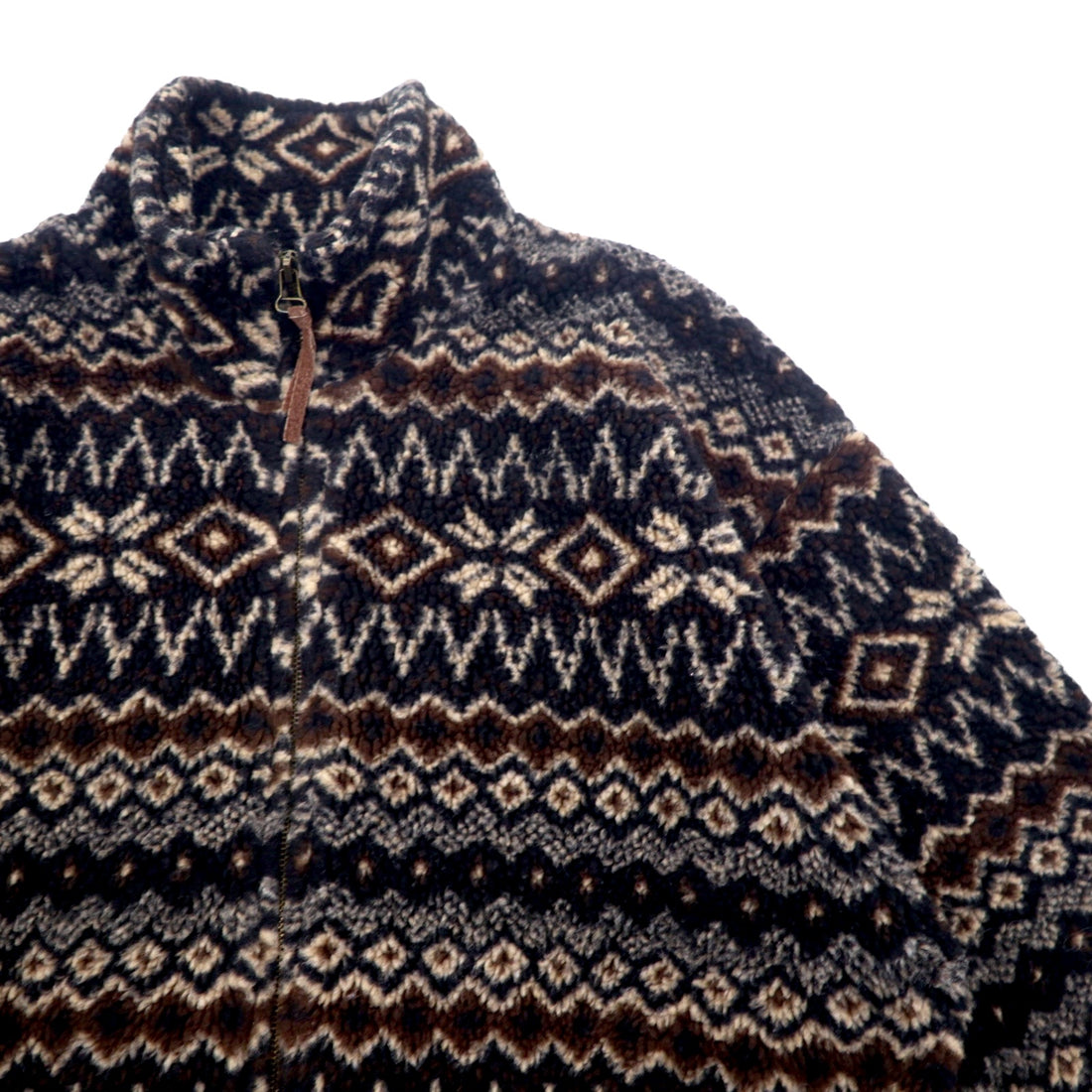 90s MARSH LANDING Boa Fleece Jacket M Brown All-over Nordic Pattern Acrylic Drawstring
