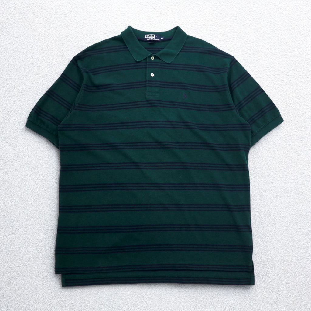 Polo by Ralph Lauren 90年代 ボーダー ポロシャツ 2XL グリーン コットン 鹿の子 スモールポニー刺繍