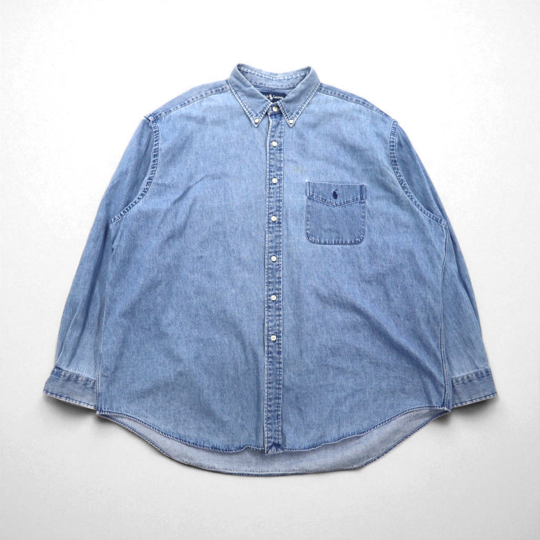 RALPH LAUREN 90s Big Shirt, Denim Button-Down Shirt, Size 2XL, Indigo and Blue with Small Pony Embroidery