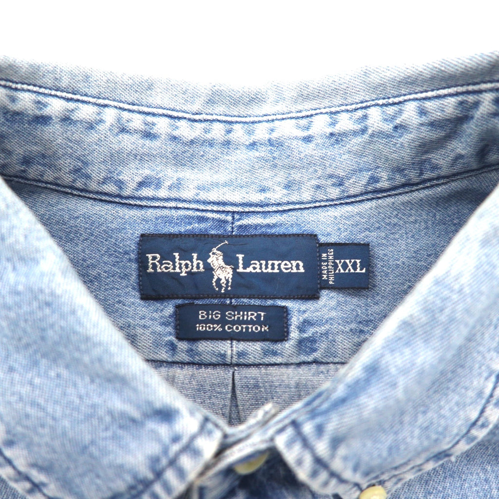 RALPH LAUREN 90s Big Shirt, Denim Button-Down Shirt, Size 2XL, Indigo and Blue with Small Pony Embroidery