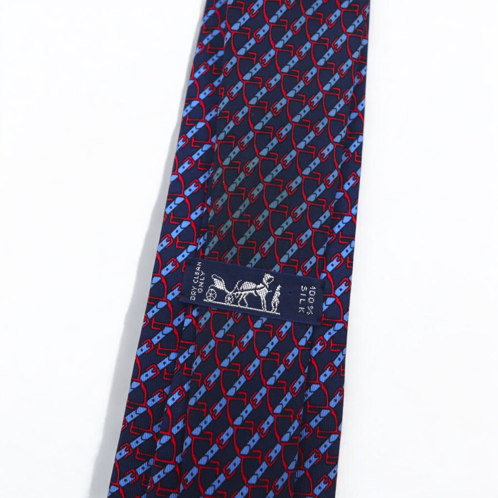 HERMES French made tie, navy silk, all-over stripe belt 7020 TA