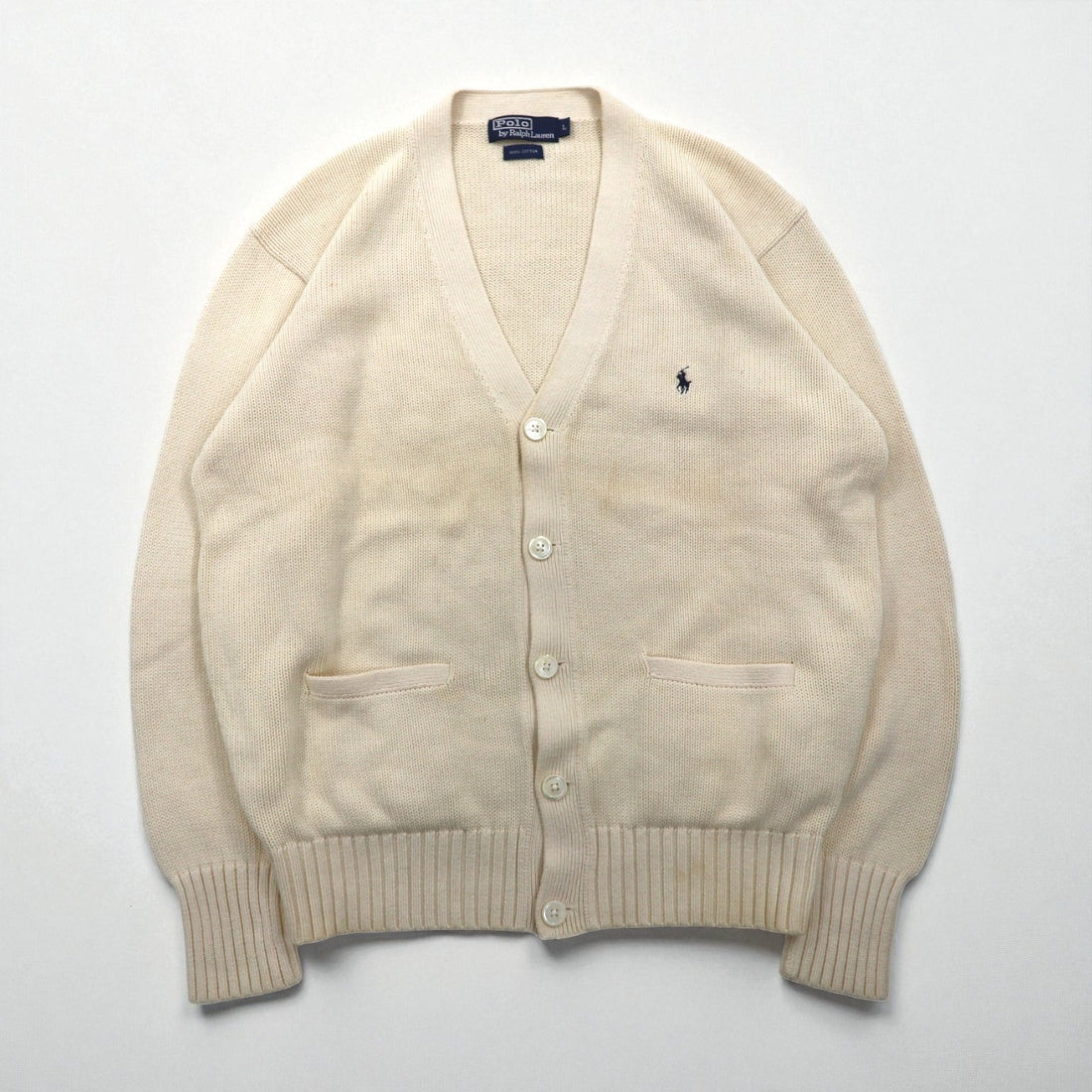 Polo Ralph Lauren 90s Cotton Knit Cardigan, Large, Off-White, with Small Pony Embroidery and Patch Pocket