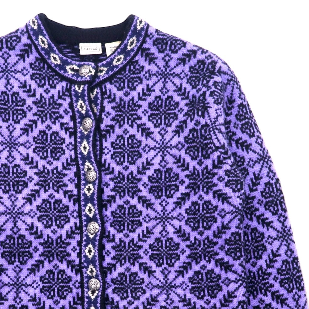 LLBean Tyrolean Knit Concho Button Cardigan S Purple Wool All-over Nordic Pattern