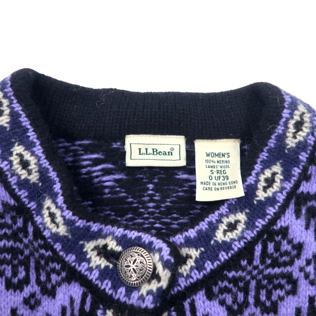 LLBean Tyrolean Knit Concho Button Cardigan S Purple Wool All-over Nordic Pattern