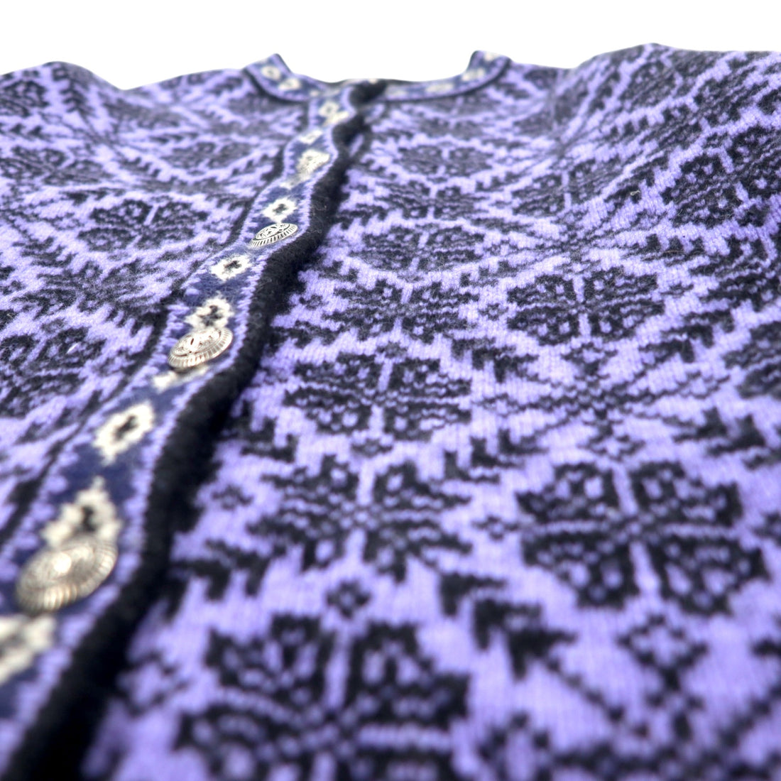 LLBean Tyrolean Knit Concho Button Cardigan S Purple Wool All-over Nordic Pattern