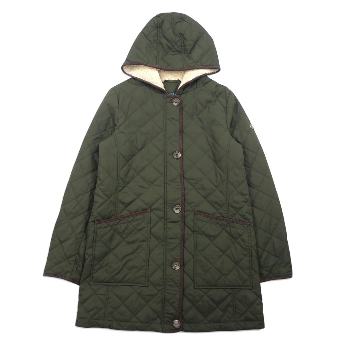 日本然リトテ-古着オンライン-LAUREN RALPH LAUREN フーデッド キルティング ジャケット コート L カーキ ポリエステル スカーフ柄 裏地-LAUREN RALPH LAUREN Hooded Quilted Jacket Coat L Khaki Polyester Scarf Pattern Lining