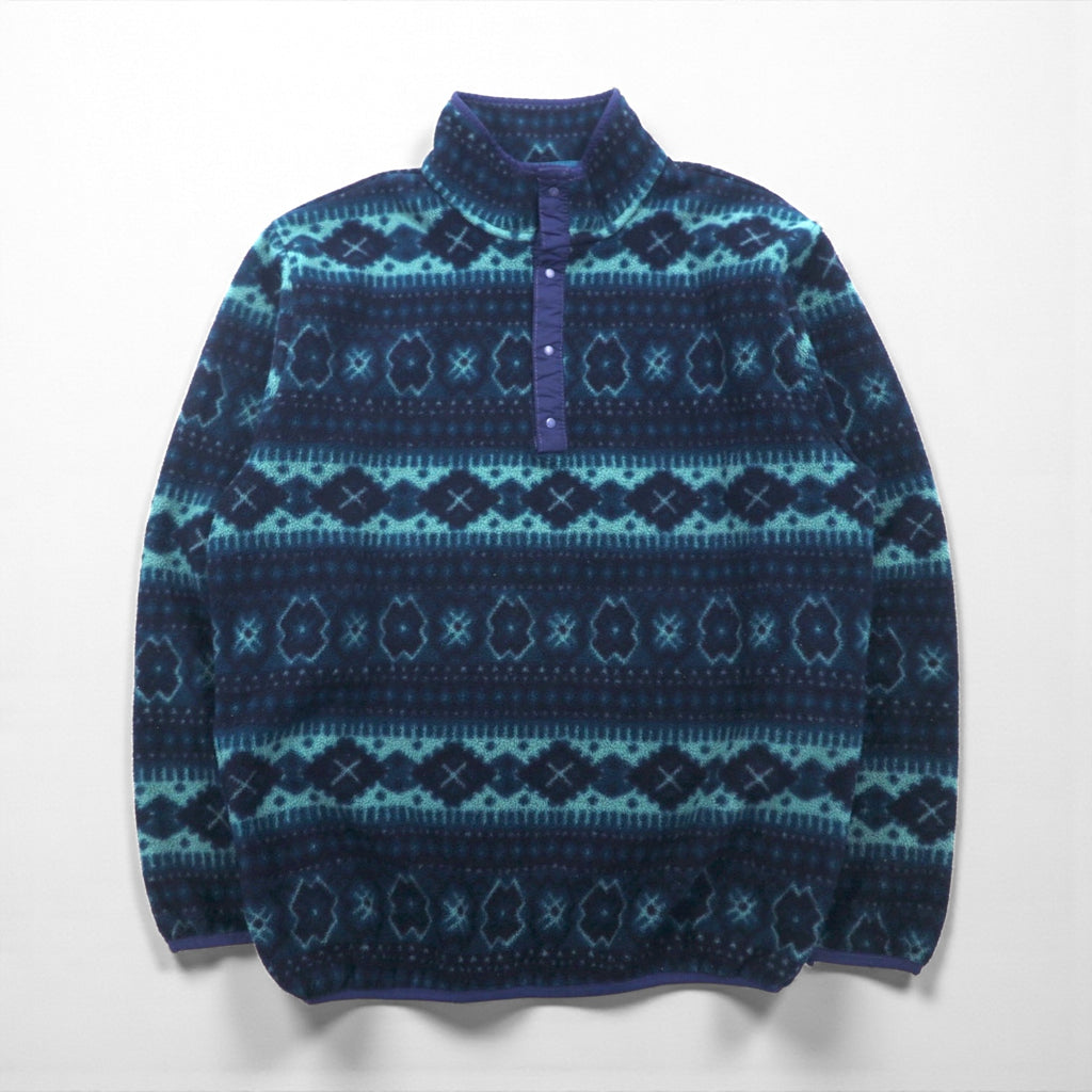 L.L.Bean 90s Half-Snap Fleece Jacket, Large, Navy, Snap Buttons, Allover Pattern, Nordic Style
