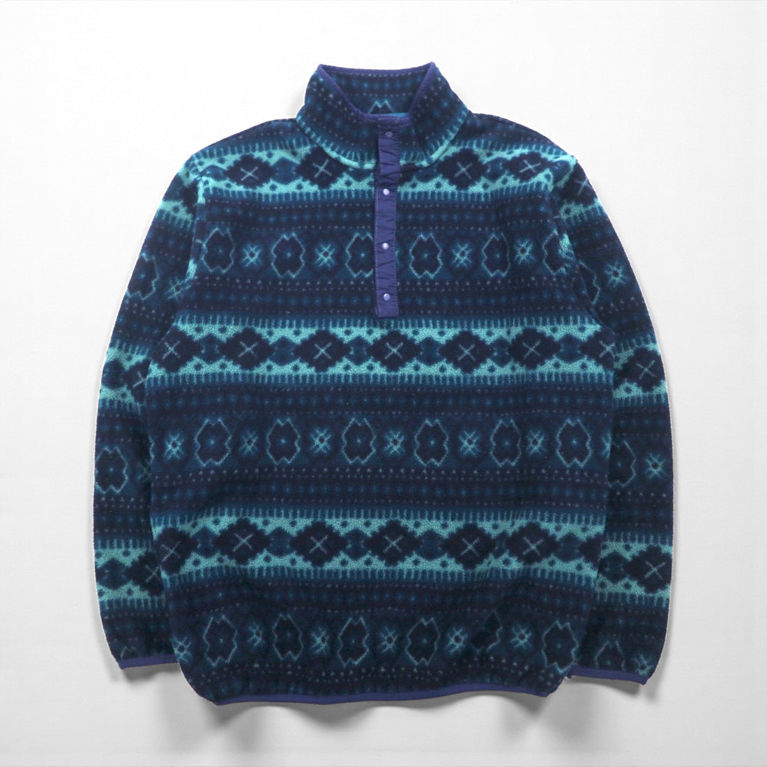 L.L.Bean 90s Half-Snap Fleece Jacket, Large, Navy, Snap Buttons, Allover Pattern, Nordic Style