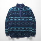 L.L.Bean 90s Half-Snap Fleece Jacket, Large, Navy, Snap Buttons, Allover Pattern, Nordic Style