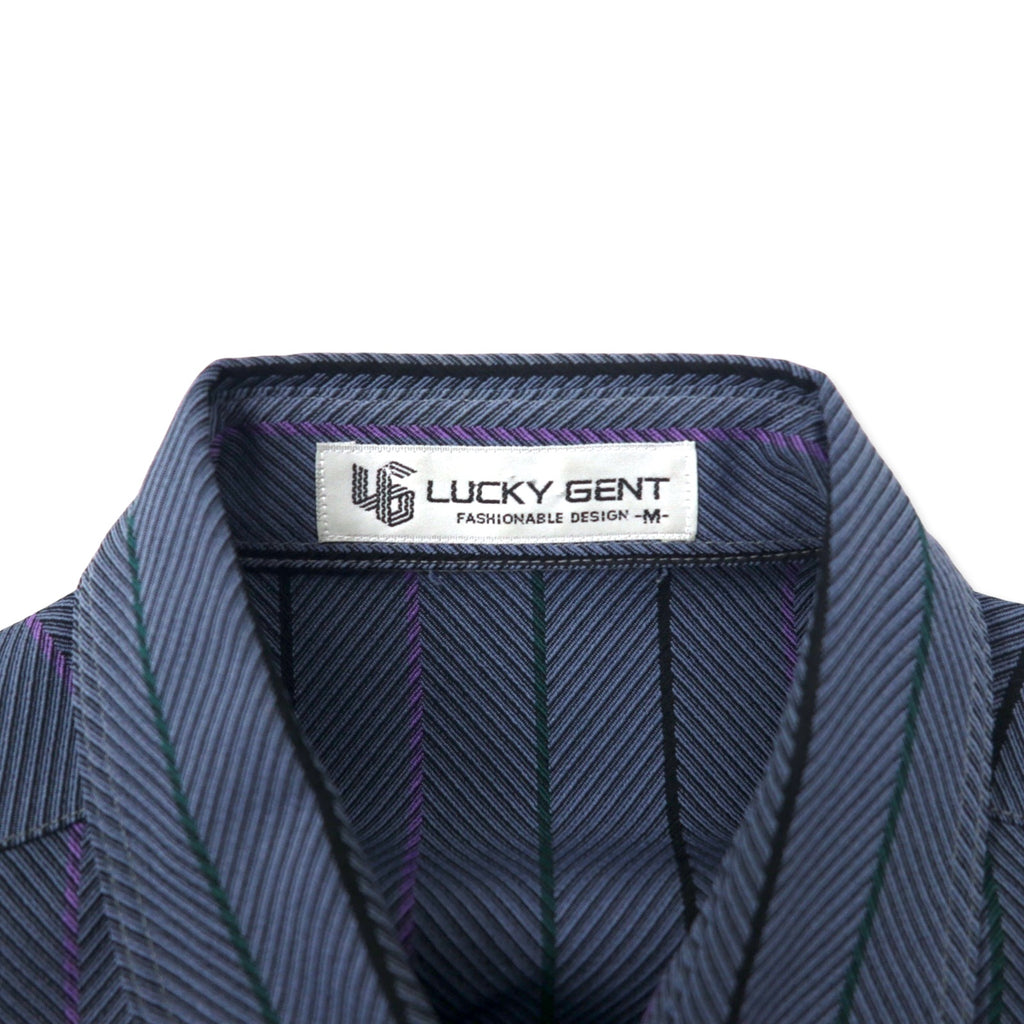 LUCKY GENT ポリシャツ M ネイビー ストライプ 総柄 ポリエステル 日本製