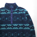 L.L.Bean 90s Half-Snap Fleece Jacket, Large, Navy, Snap Buttons, Allover Pattern, Nordic Style