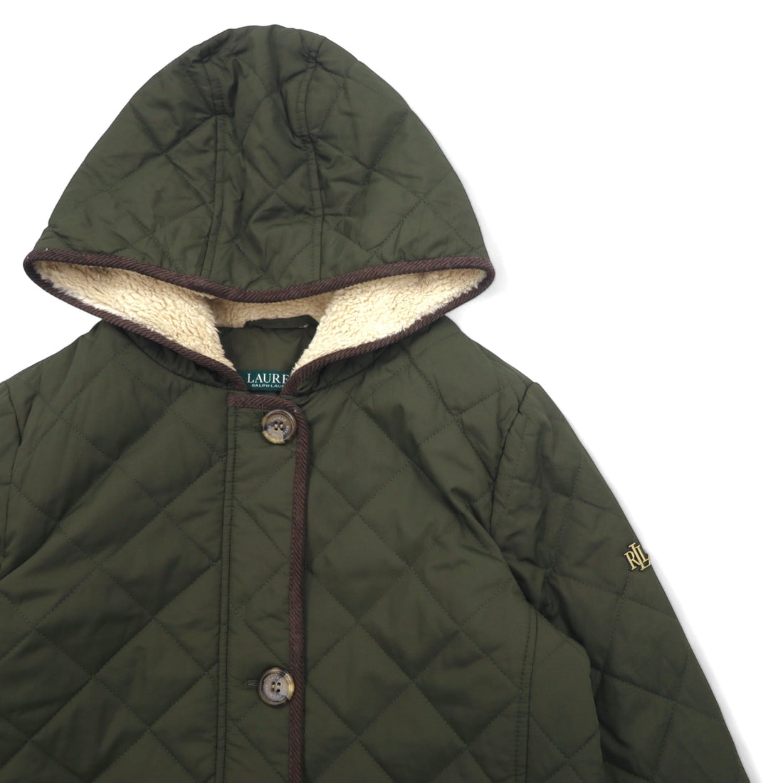 LAUREN RALPH LAUREN Hooded Quilted Jacket Coat L Khaki Polyester Scarf Pattern Lining