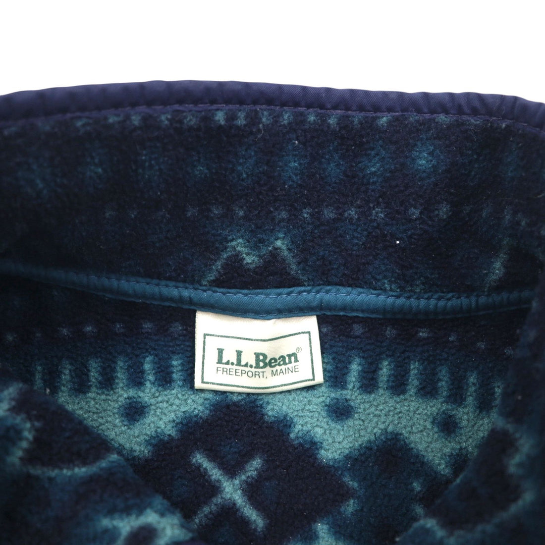 L.L.Bean 90s Half-Snap Fleece Jacket, Large, Navy, Snap Buttons, Allover Pattern, Nordic Style