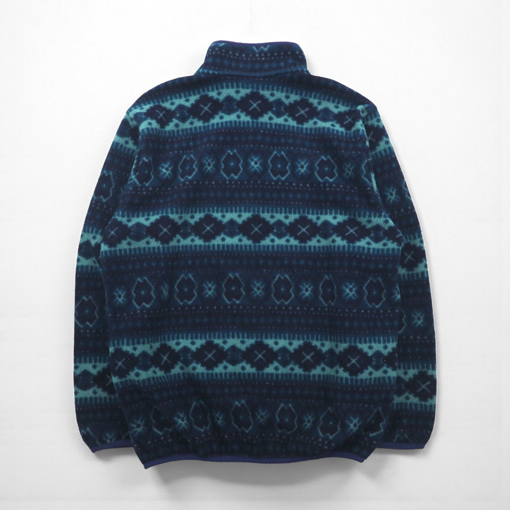 L.L.Bean 90s Half-Snap Fleece Jacket, Large, Navy, Snap Buttons, Allover Pattern, Nordic Style