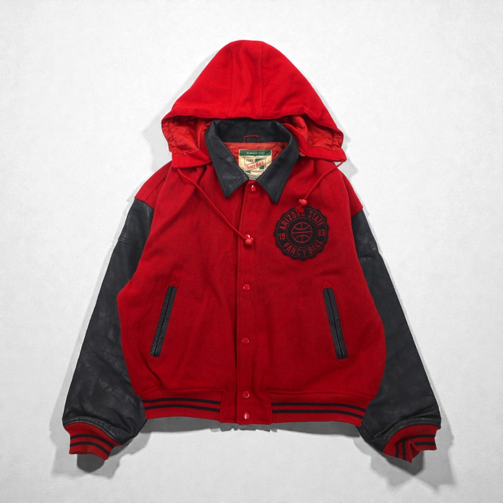 Vintage 80s Fancy Ball Varsity Jacket, Leather, Wool, Detachable Hood, Size L,