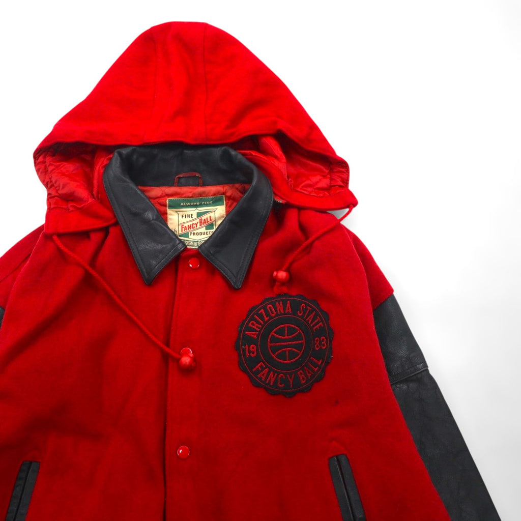Vintage 80s Fancy Ball Varsity Jacket, Leather, Wool, Detachable Hood, Size L,